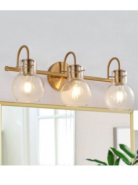 NIB Modern Gold 3-Light Vanity Light Clear Glass Shades Bathroom Powder Room